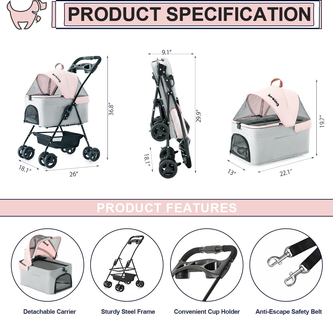 Pink Gray Pet Stroller with Detachable Carrier I8846