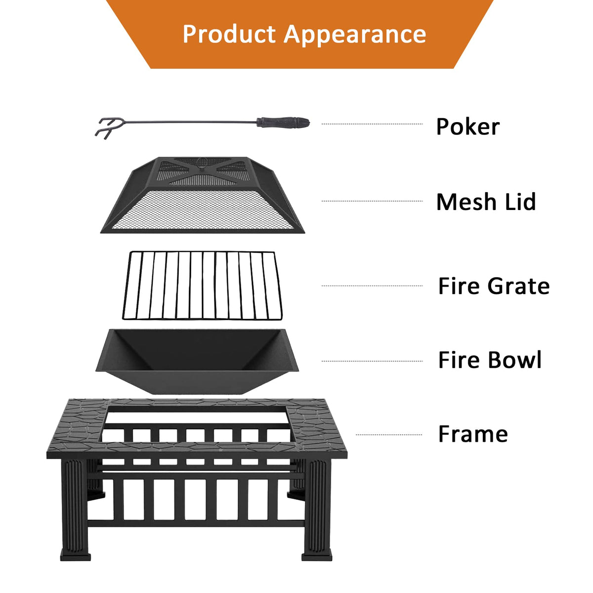 32 Inch Metal Square Outdoor Wood Burning Fire Pit Table R90920