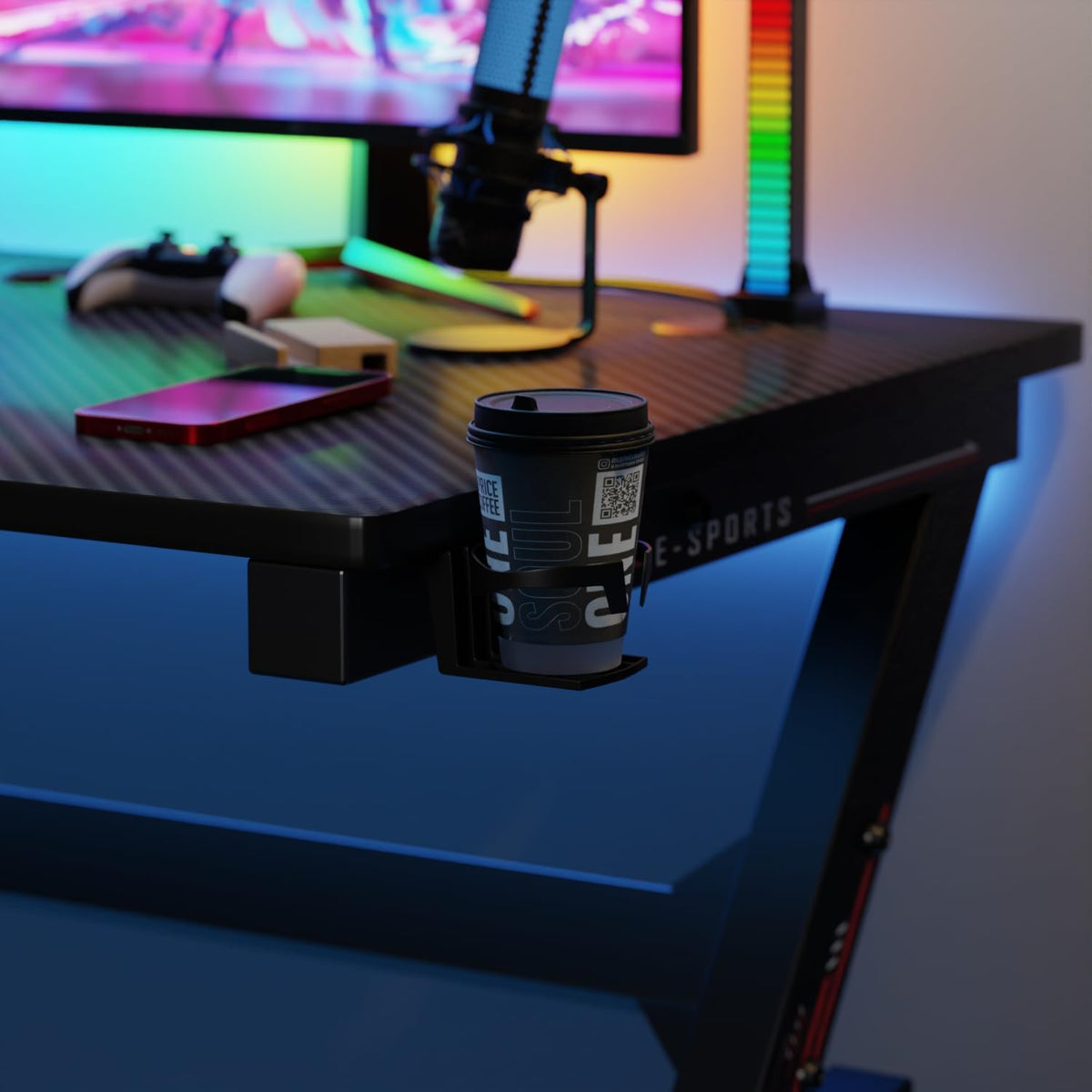 47 Inch Carbon Fiber Gaming Desk with Cup Holder and Headphone Hook D4535