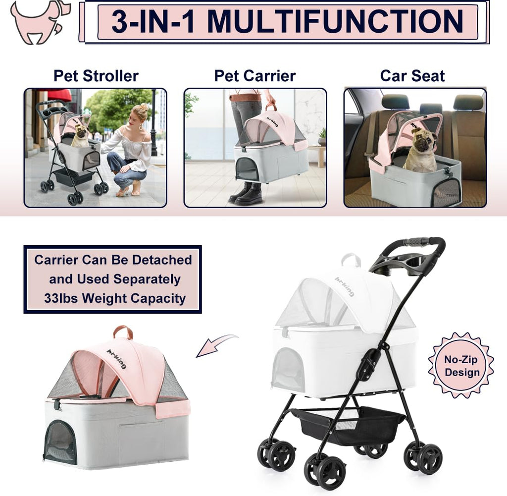 Pink Gray Pet Stroller with Detachable Carrier I8846