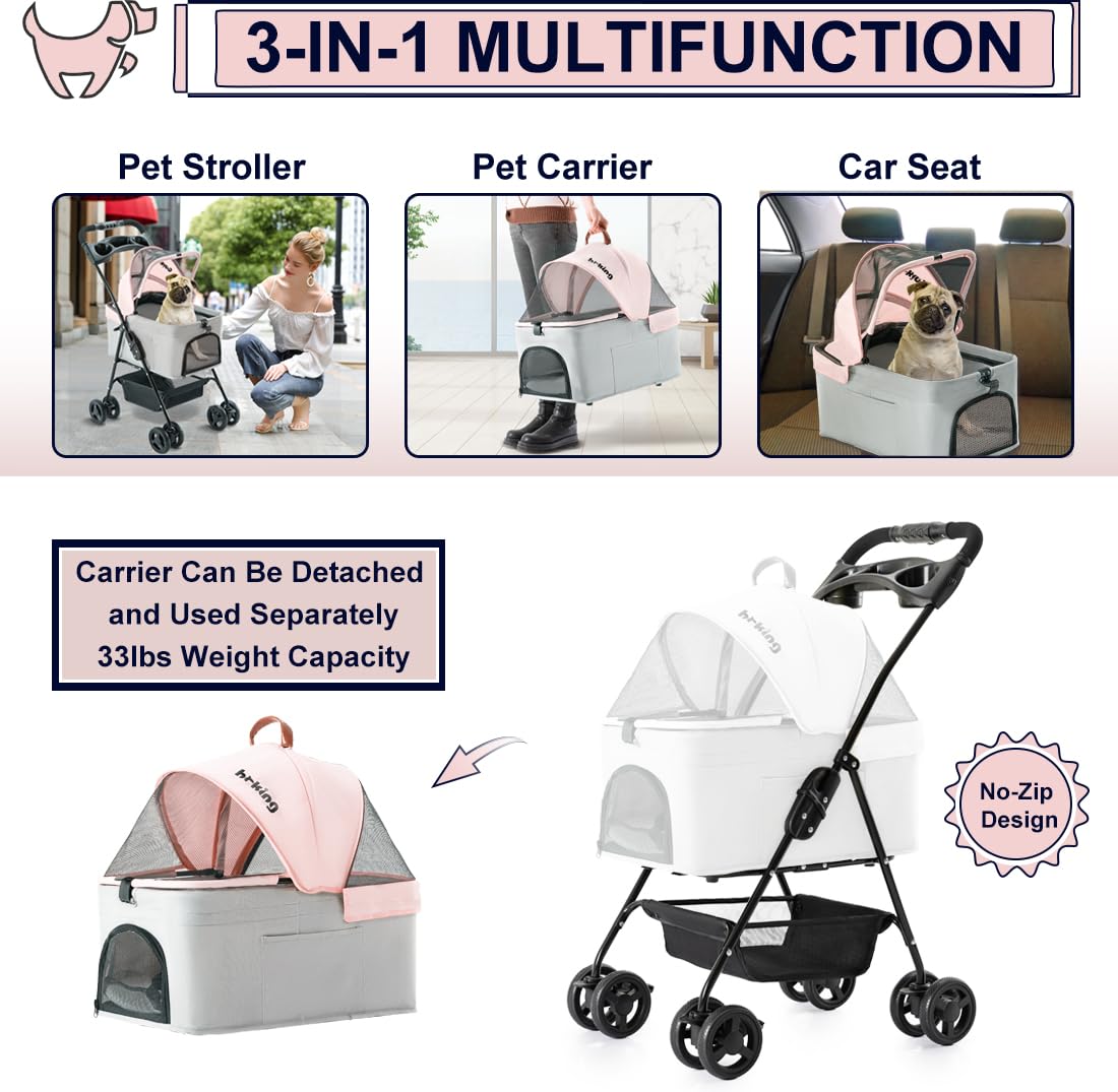 Pink Gray Pet Stroller with Detachable Carrier I8846