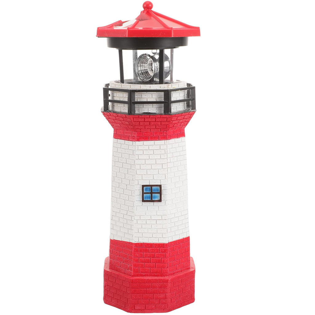Solar Powered Rotating Lighthouse Figurine Red Resin Metal Landscape Light with LED K583778