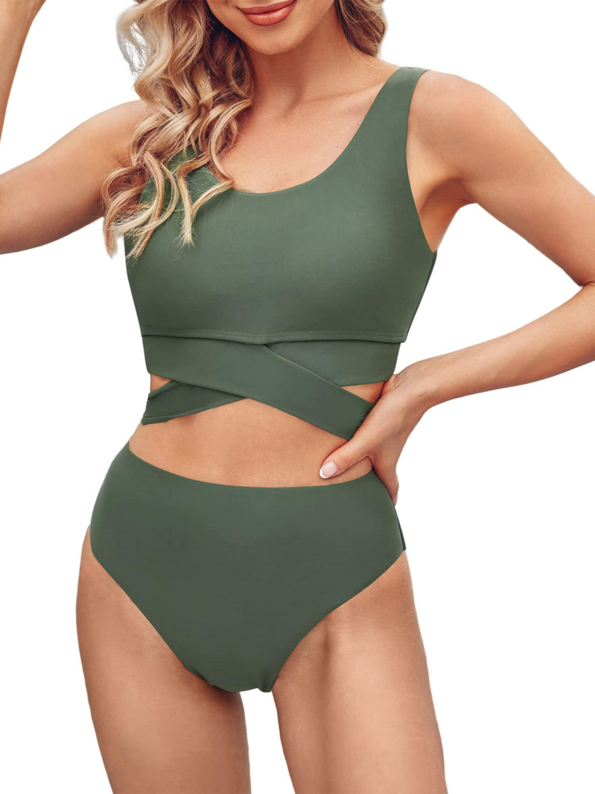 Scoop Neck High Waisted Two Piece Bikini Set F116003