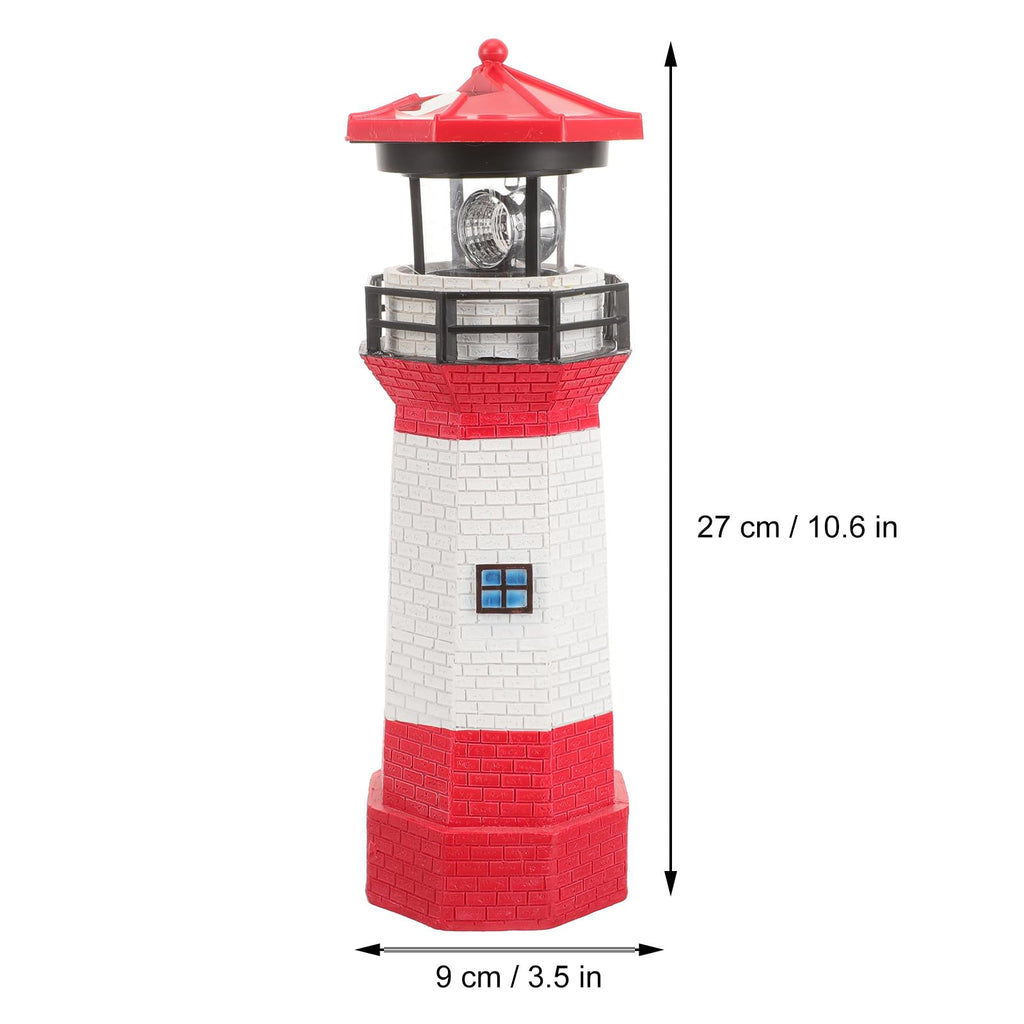 Solar Powered Rotating Lighthouse Figurine Red Resin Metal Landscape Light with LED K583778