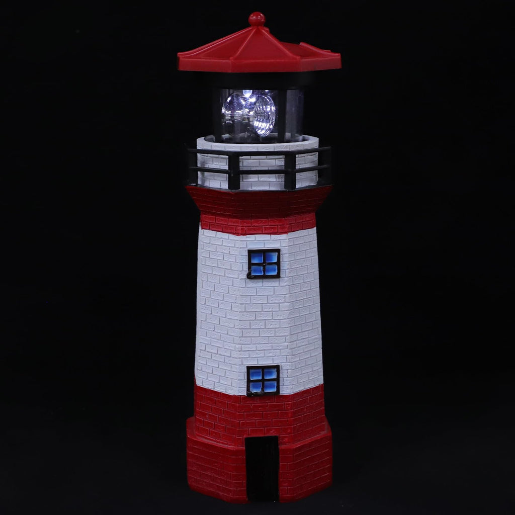 Solar Powered Rotating Lighthouse Figurine Red Resin Metal Landscape Light with LED K583778