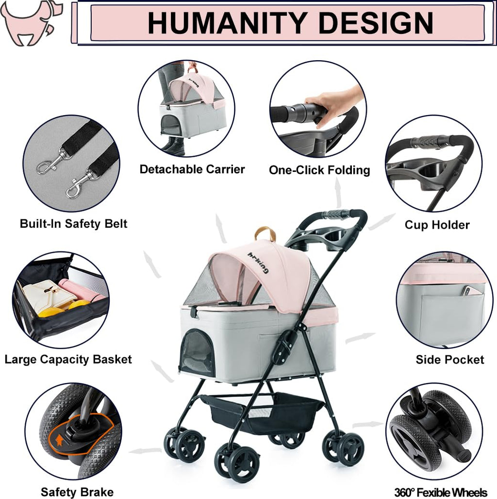 Pink Gray Pet Stroller with Detachable Carrier I8846