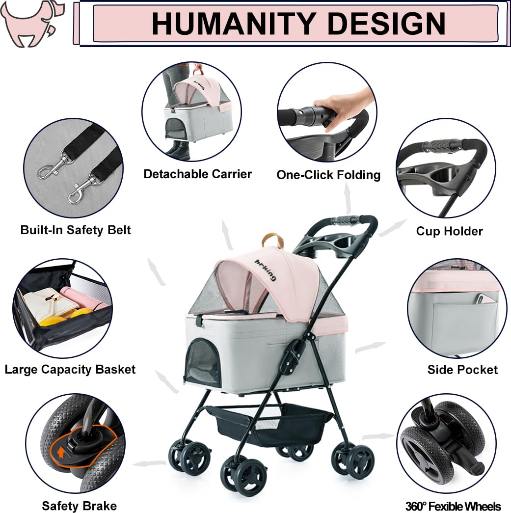 Pink Gray Pet Stroller with Detachable Carrier I8846