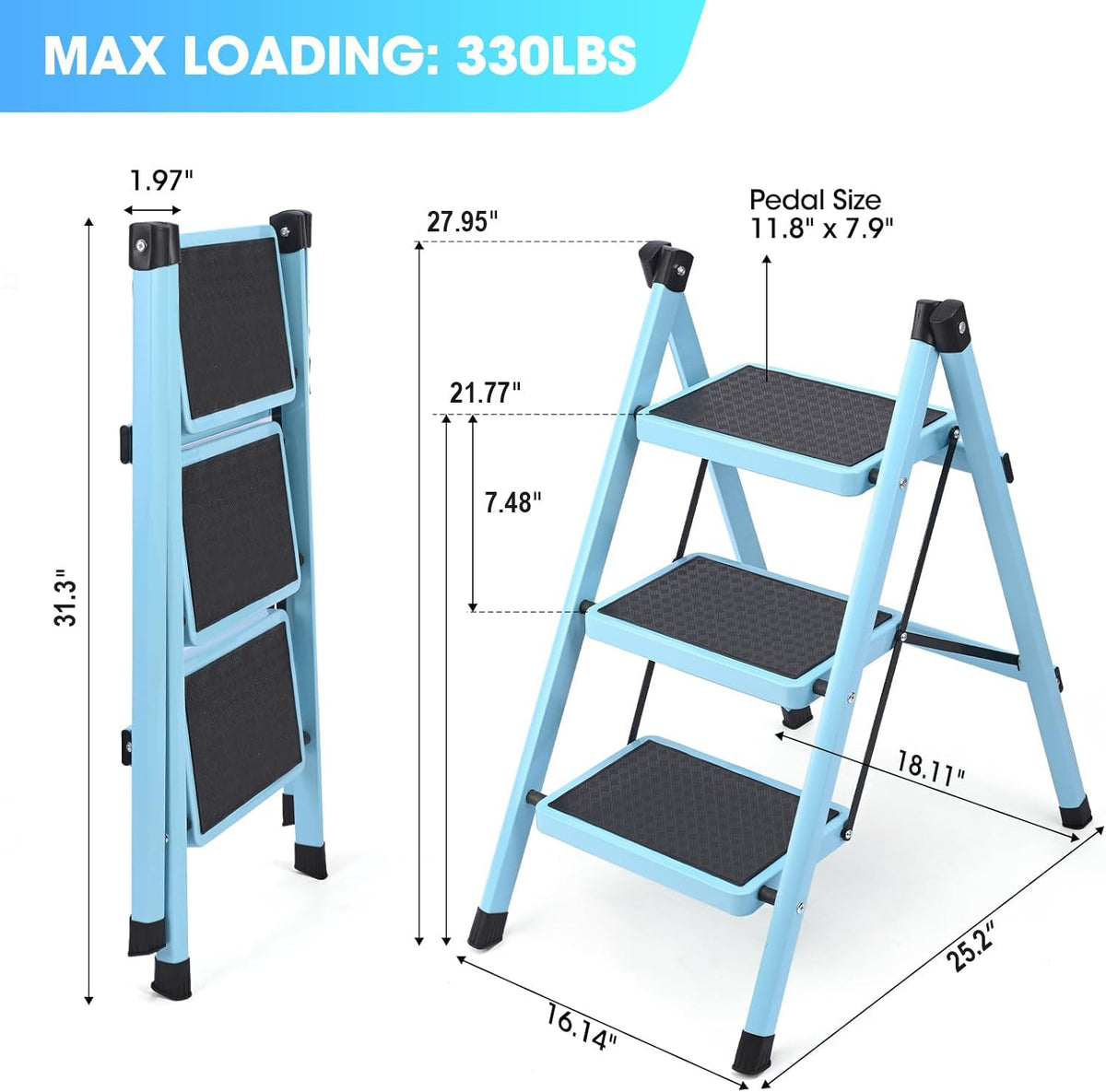Folding Aluminum 3 Step Ladder 330 LBS Capacity Blue T1019