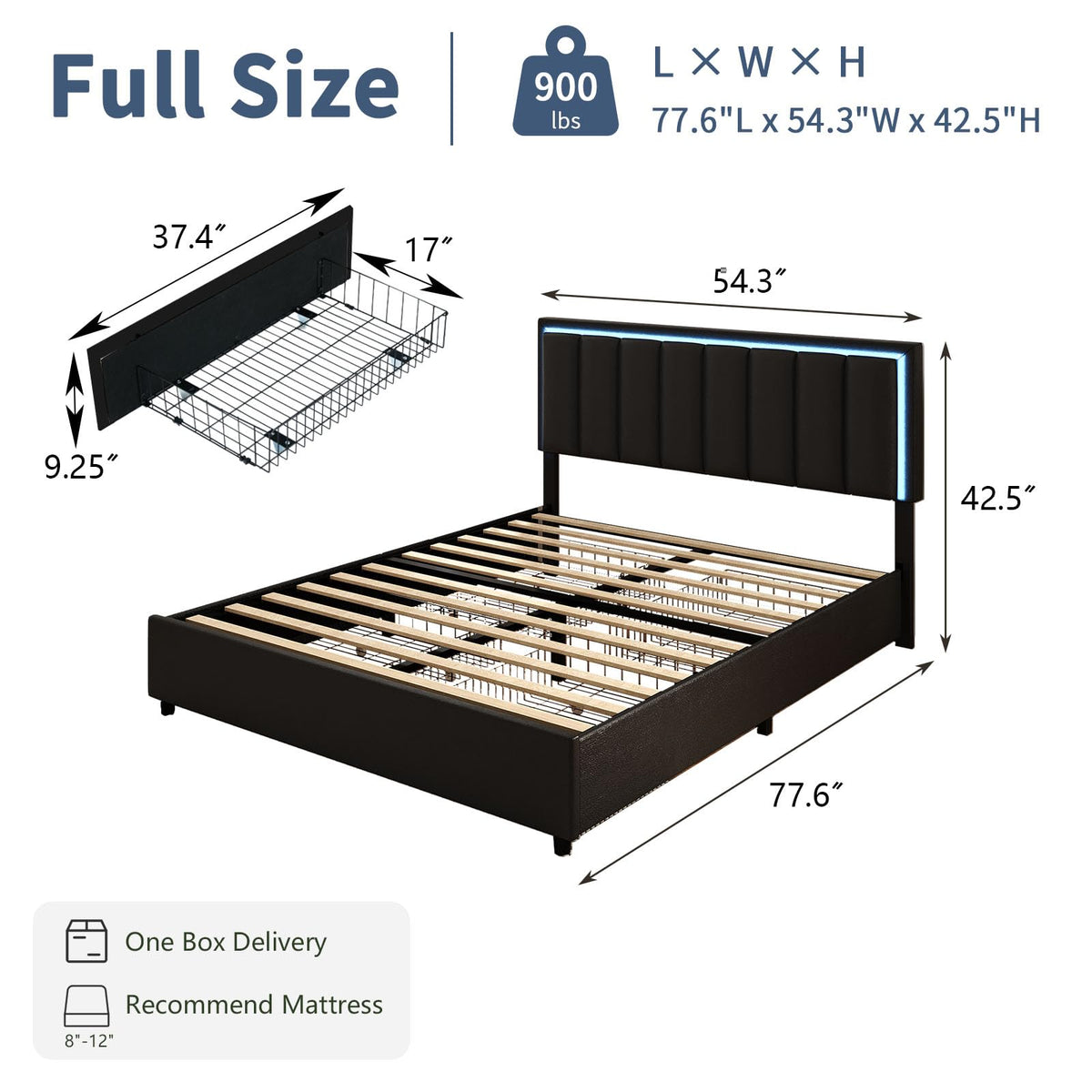 Black Full Size Upholstered Bed Frame with 4 Drawers and LED Lights V978