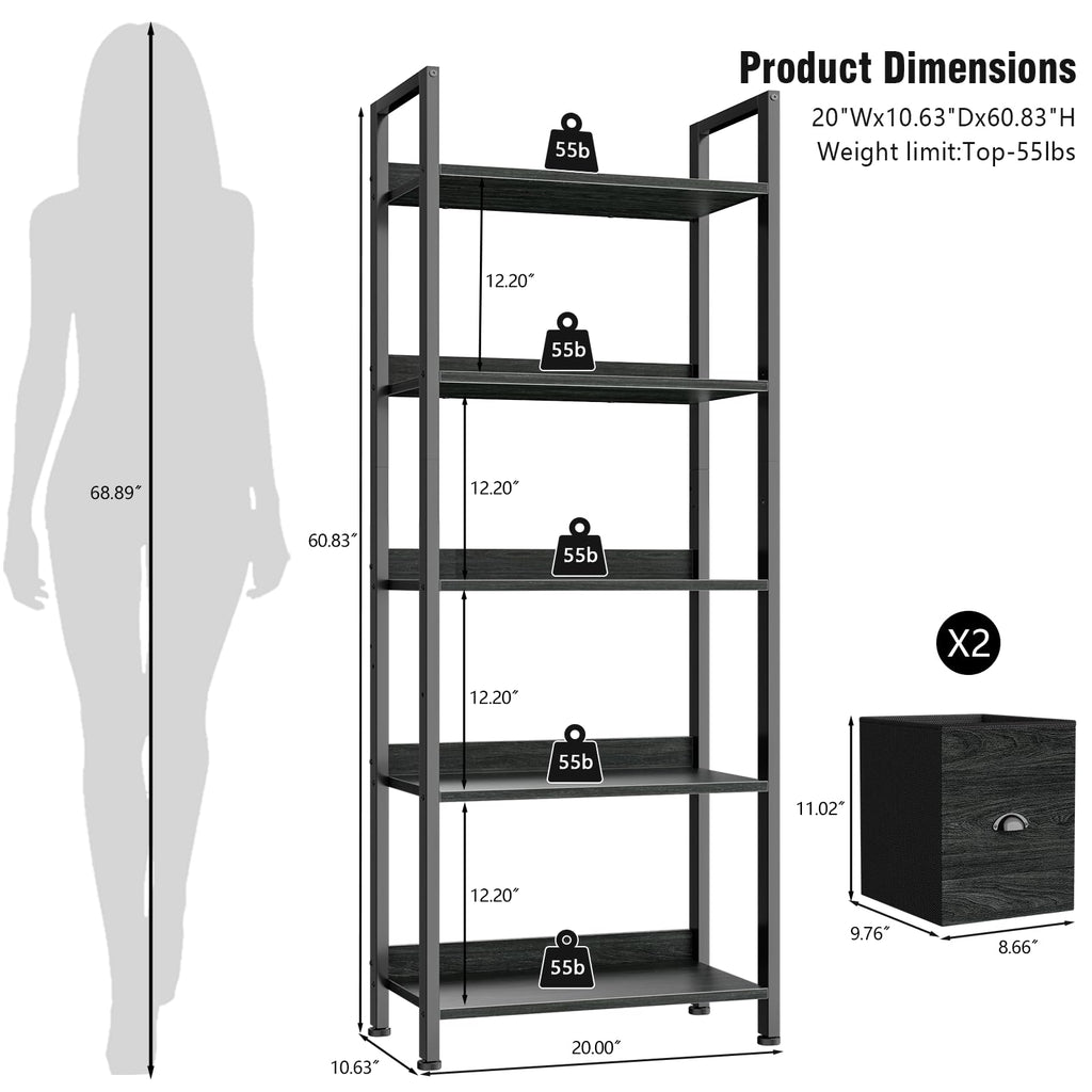 5-Tier Black Oak Bookshelf with 2 Storage Drawers B8306