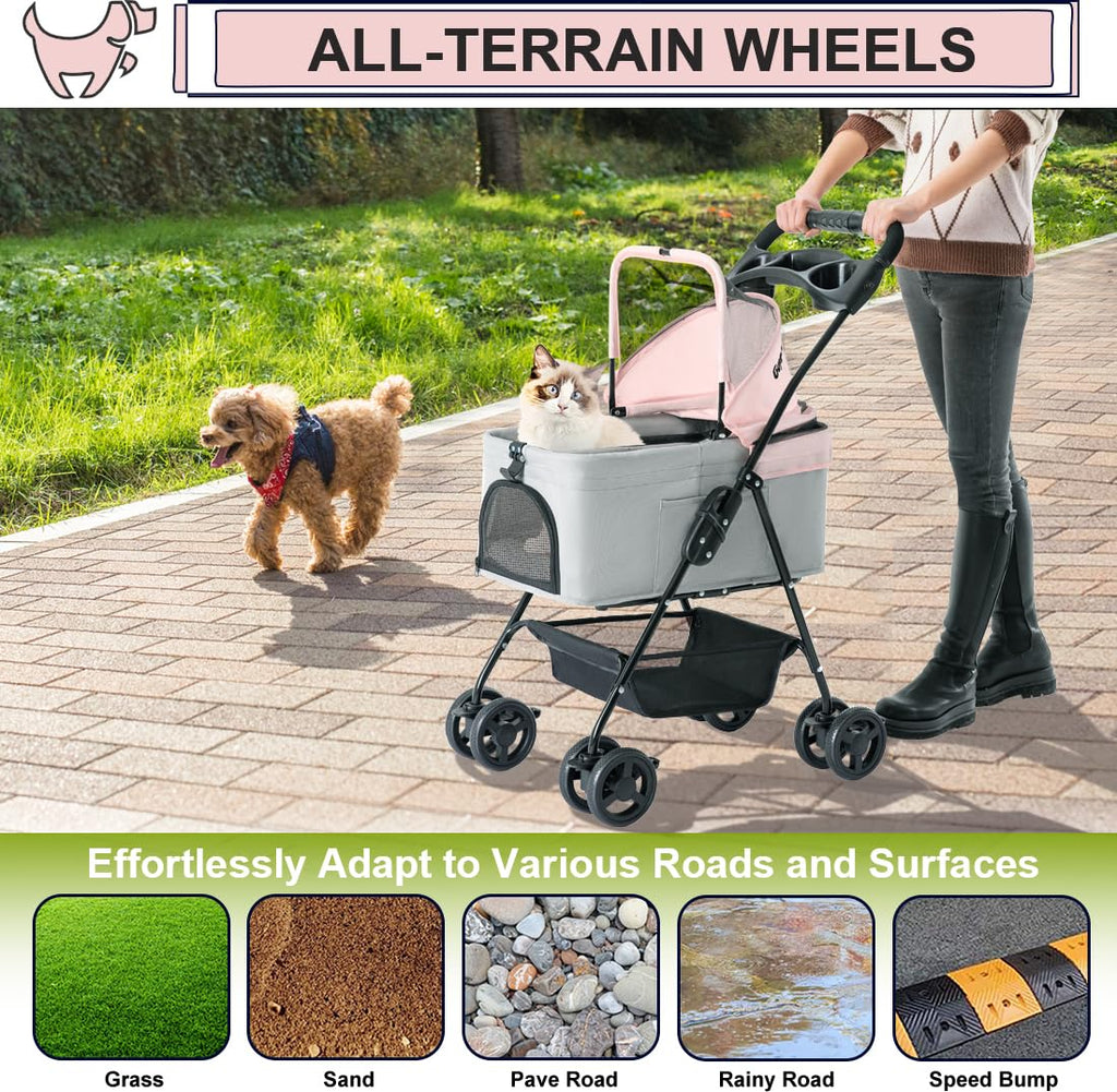 Pink Gray Pet Stroller with Detachable Carrier I8846