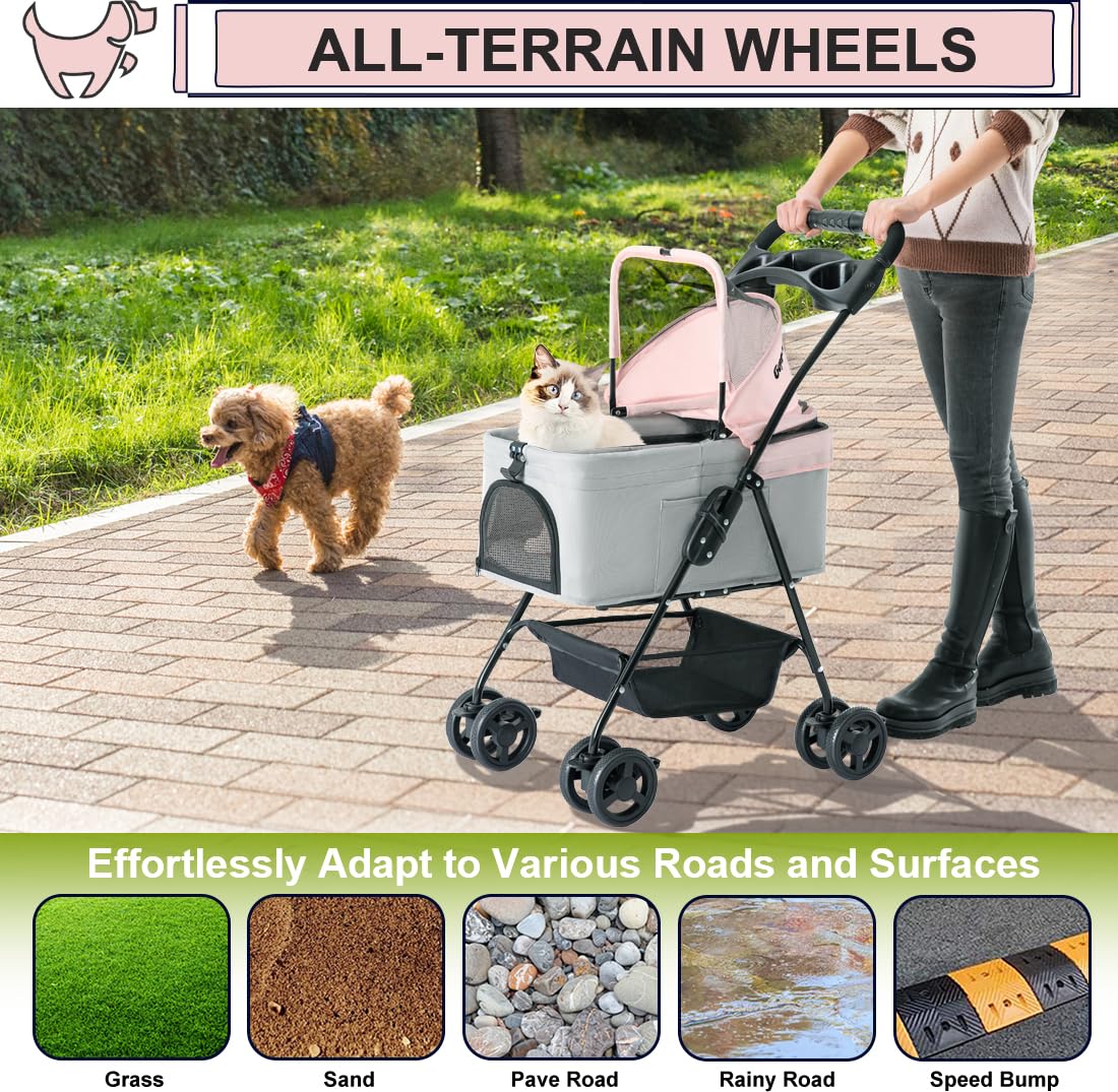 Pink Gray Pet Stroller with Detachable Carrier I8846