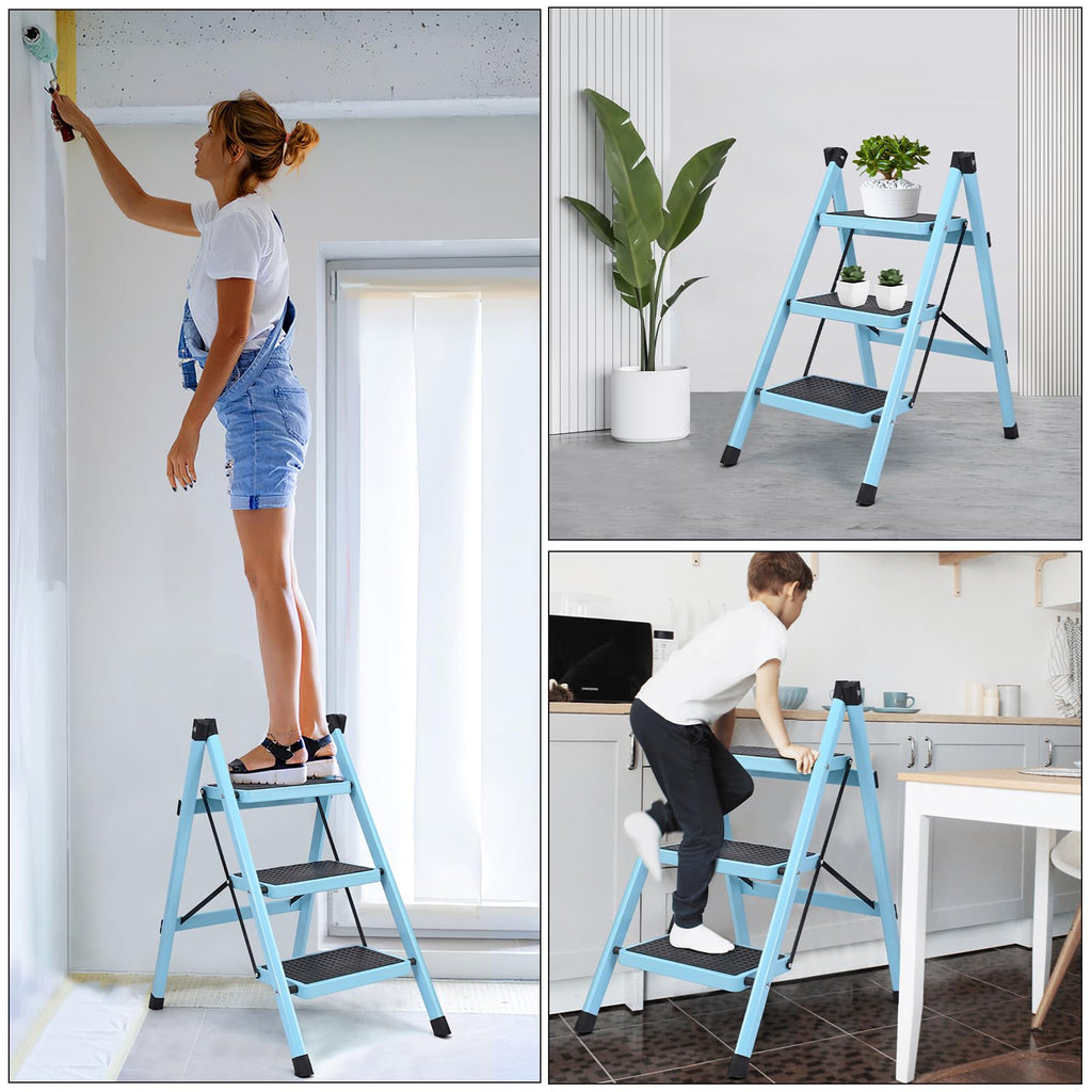 Folding Aluminum 3 Step Ladder 330 LBS Capacity Blue T1019