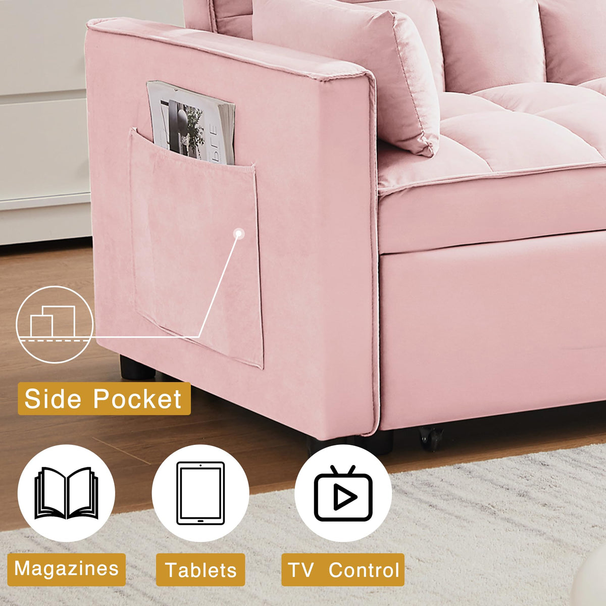 3 in 1 Convertible Sleeper Sofa Bed Velvet Pink S6397