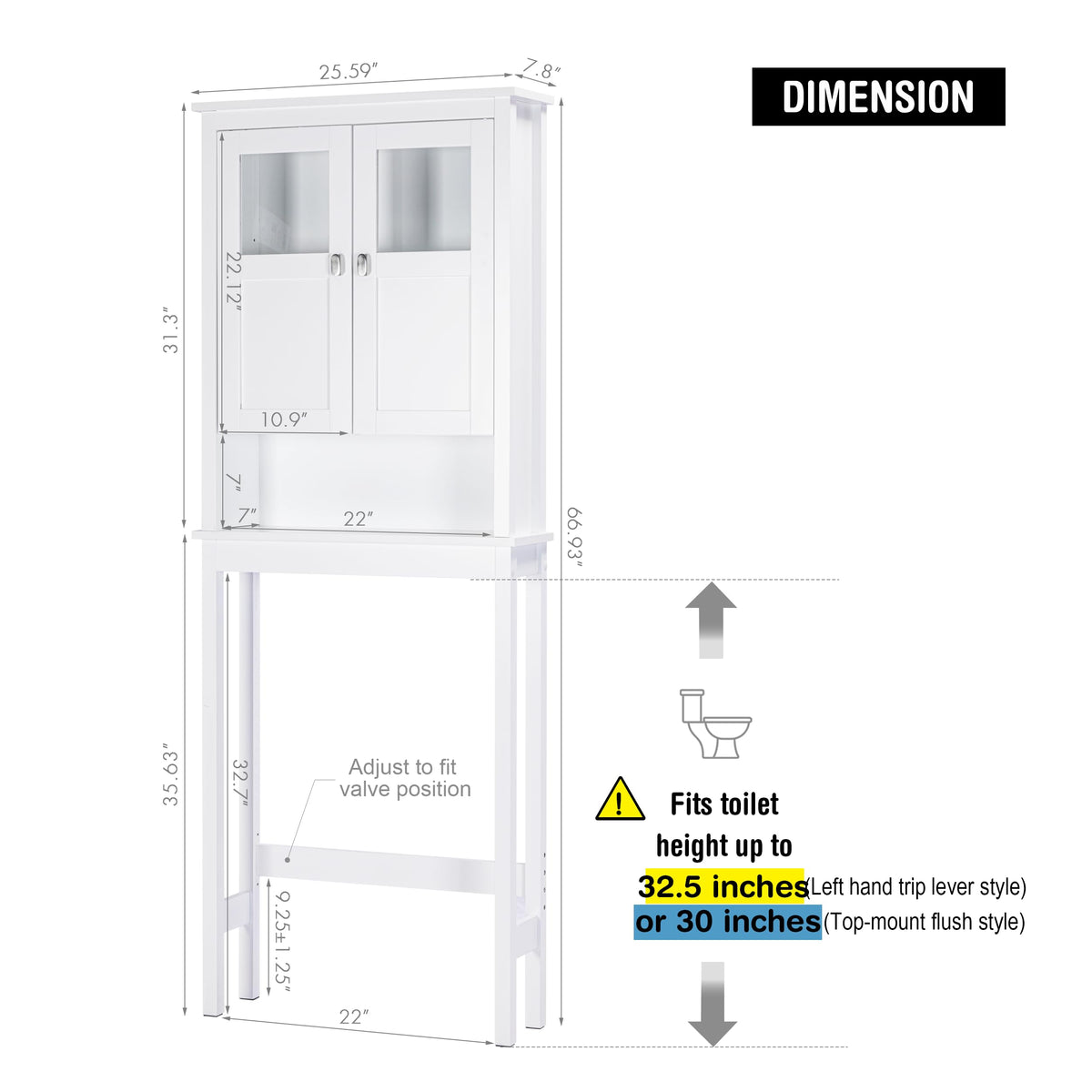 White Over the Toilet Storage Cabinet with Glass Doors C75761