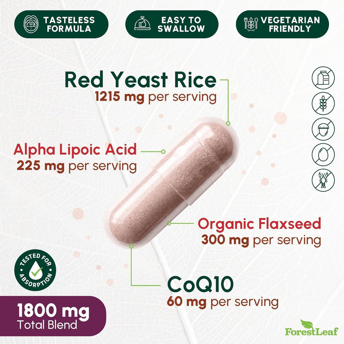 Red Yeast Rice 1215 mg CoQ10 Alpha Lipoic Acid Flaxseed 90 Capsules V691