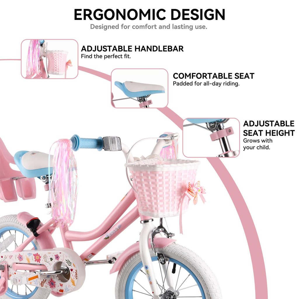 12 14 16 Inch Girls Bike with Training Wheels, Basket & Doll Seat R65741