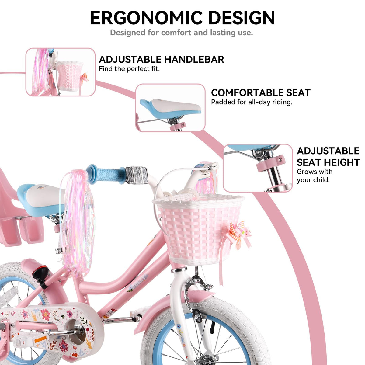 12 14 16 Inch Girls Bike with Training Wheels, Basket & Doll Seat R65741