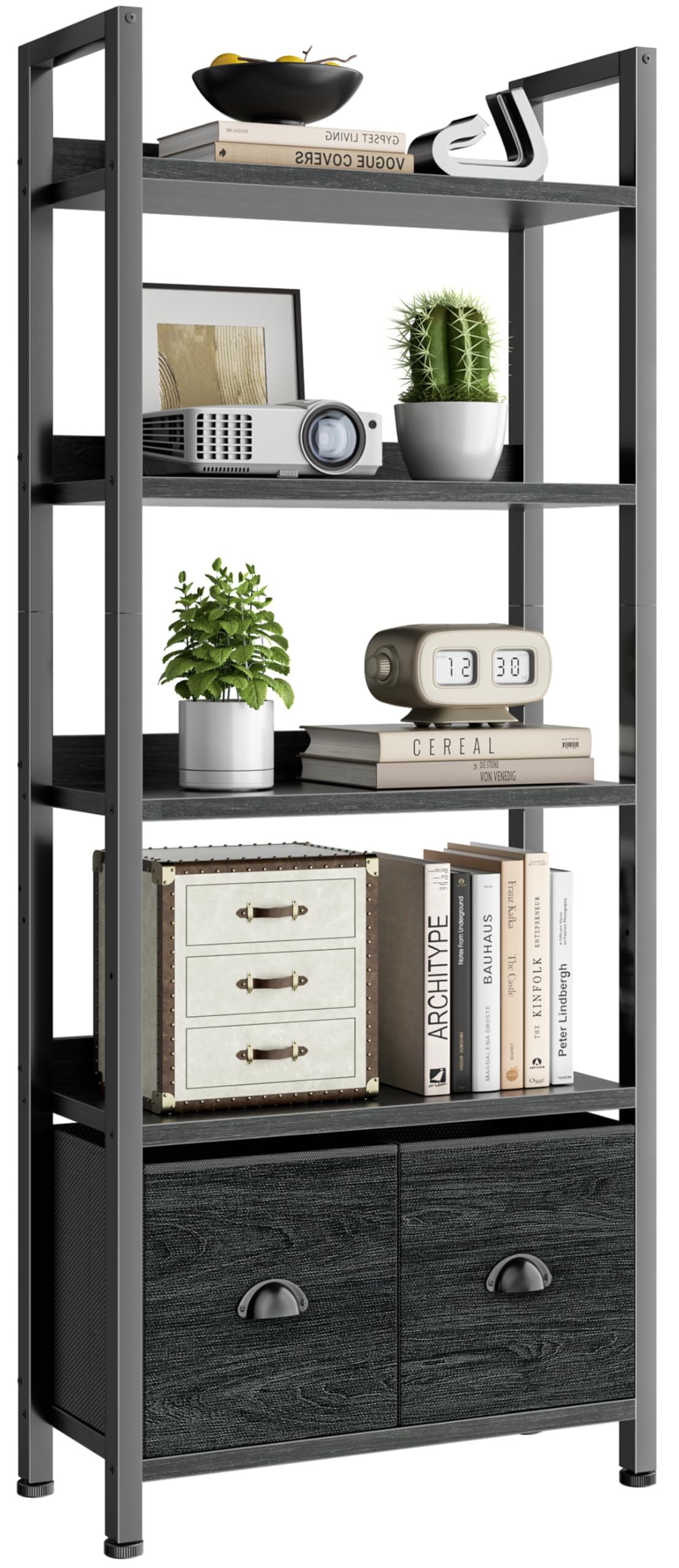 5-Tier Black Oak Bookshelf with 2 Storage Drawers B8306