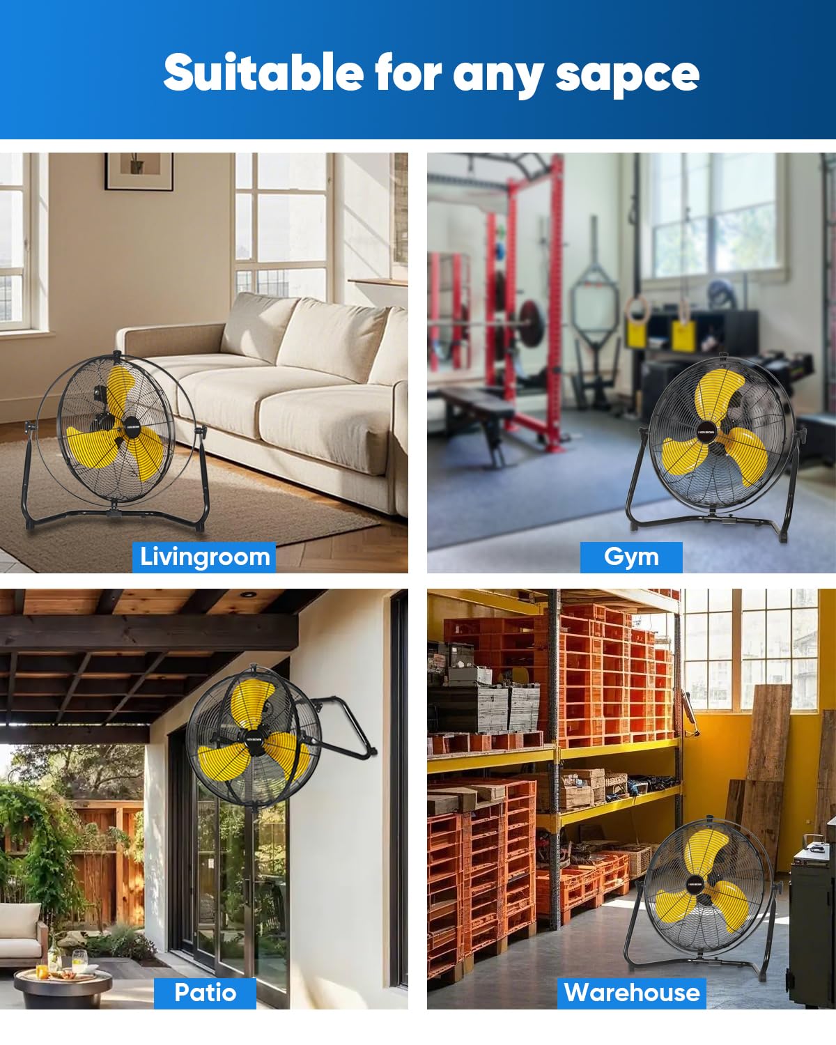 20 Inch Heavy Duty Industrial Metal Floor Fan with Dual 720° Rotation, 3 Speeds T8317