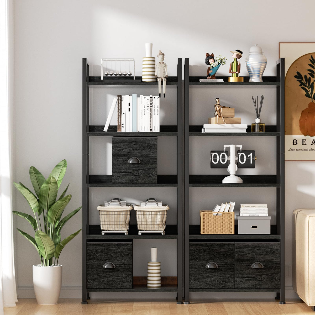 5-Tier Black Oak Bookshelf with 2 Storage Drawers B8306