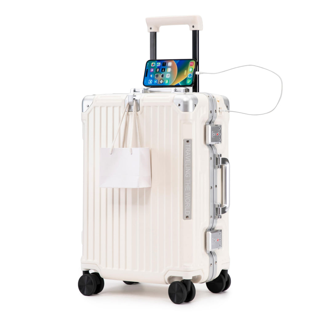20 Inch White ABS Hardside Spinner Luggage with USB Port D149