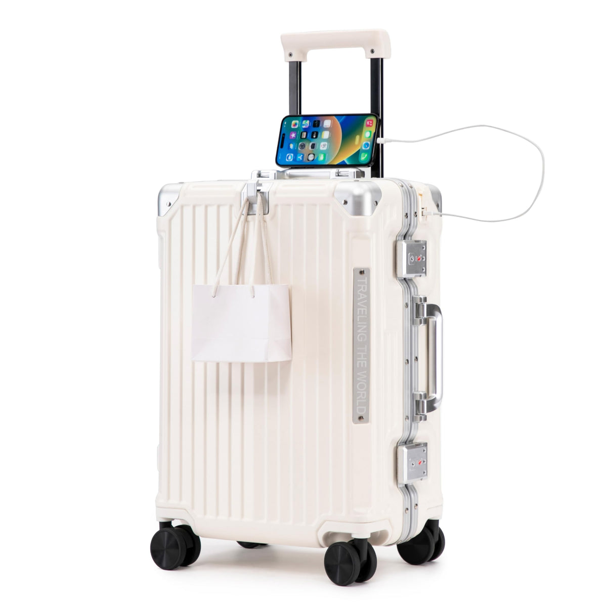 20 Inch White ABS Hardside Spinner Luggage with USB Port D149