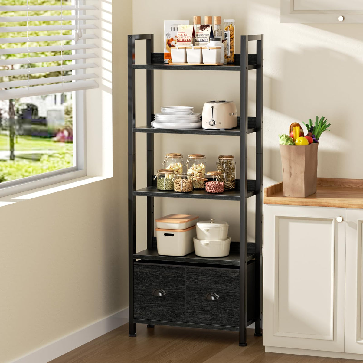 5-Tier Black Oak Bookshelf with 2 Storage Drawers B8306
