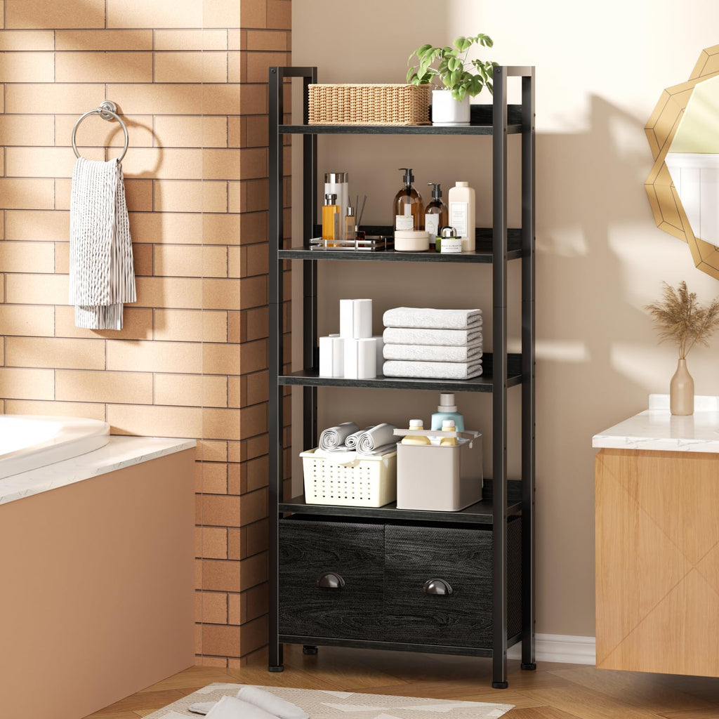 5-Tier Black Oak Bookshelf with 2 Storage Drawers B8306
