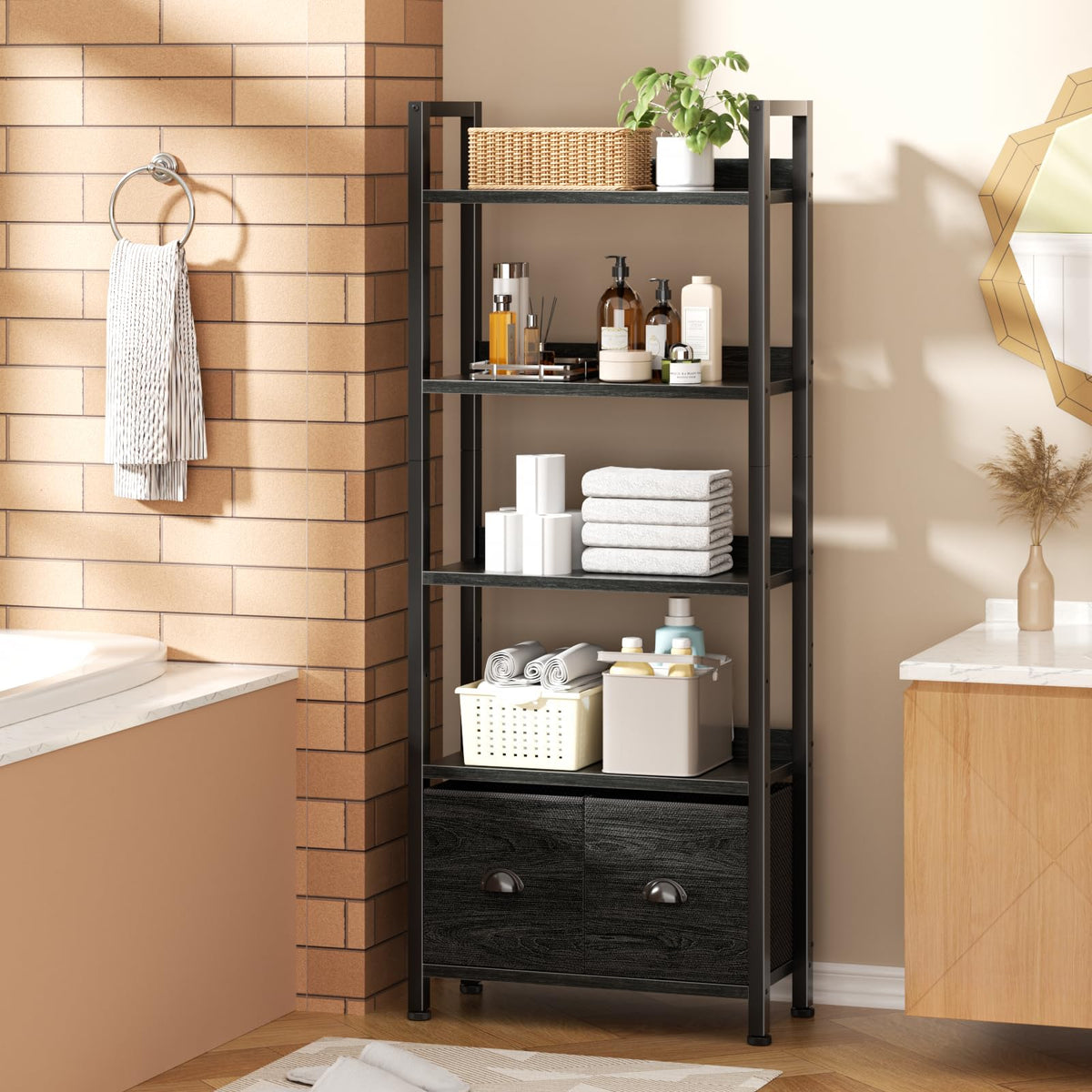 5-Tier Black Oak Bookshelf with 2 Storage Drawers B8306