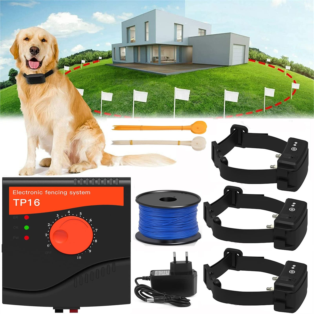 Electric Dog Fence, 984 Ft Wire, IP66 Waterproof Receiver J13969