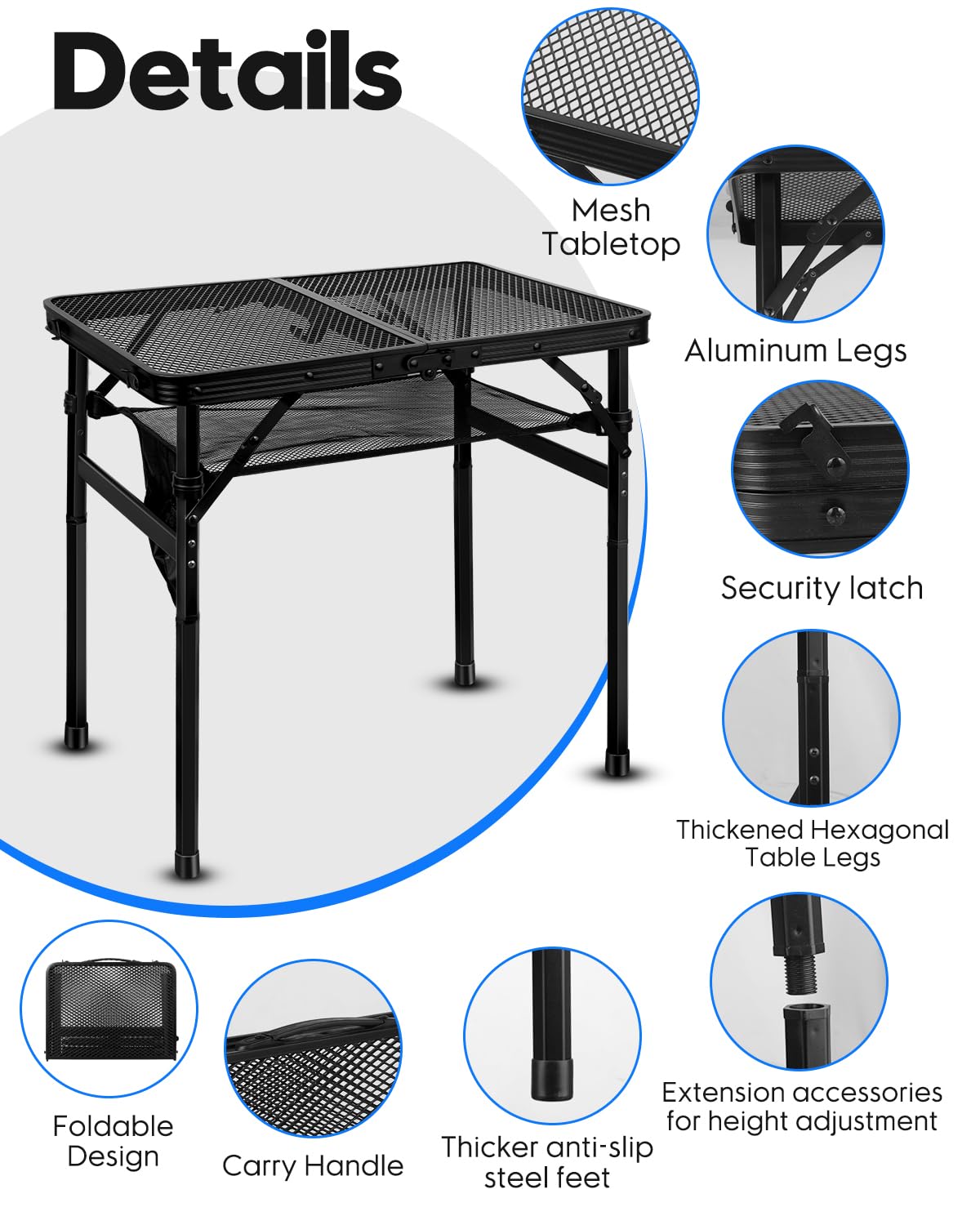 Folding Height Adjustable Aluminum Grill Table with Mesh Desktop and Mesh Bag, Black, 23.6×15.7 inch L458171