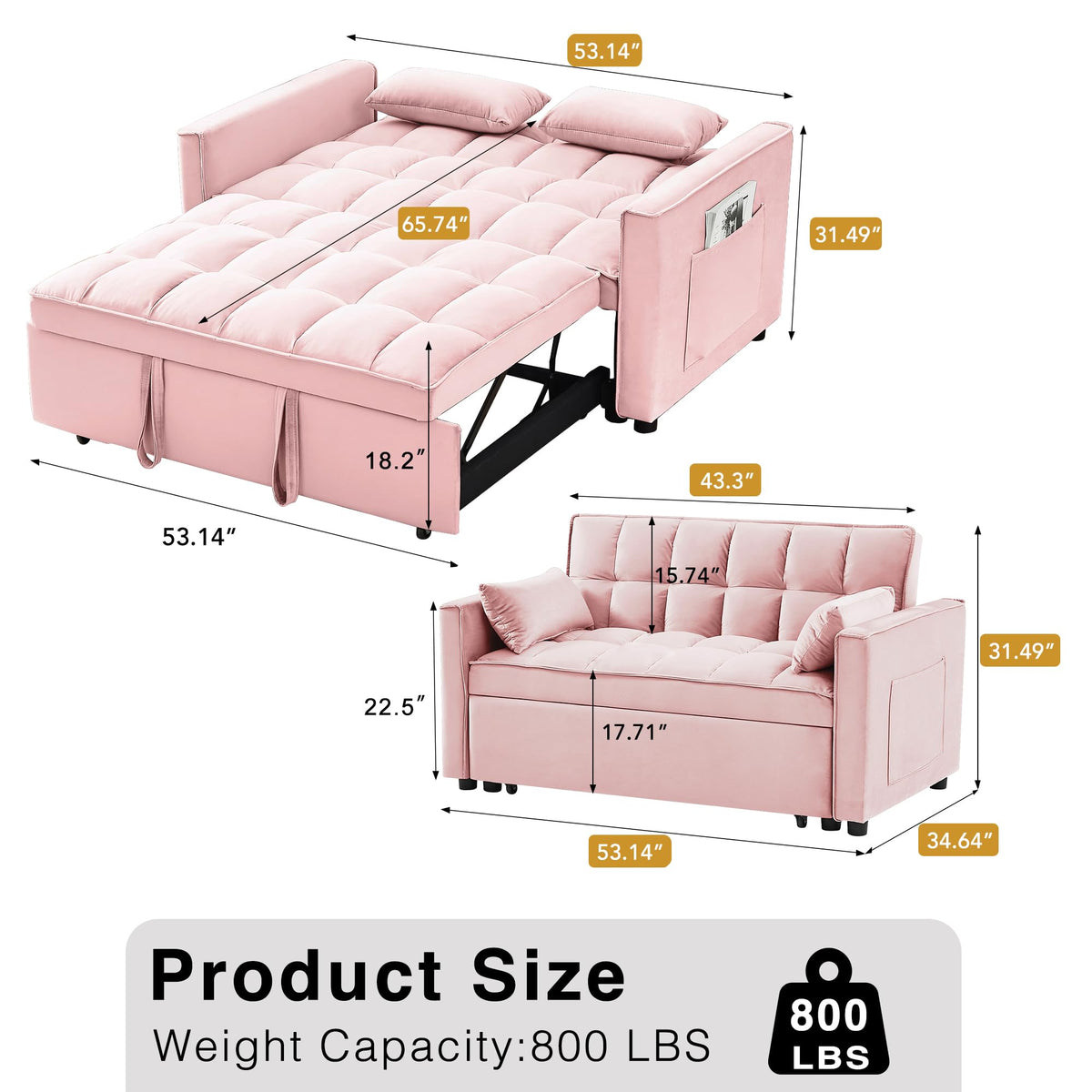 3 in 1 Convertible Sleeper Sofa Bed Velvet Pink S6397