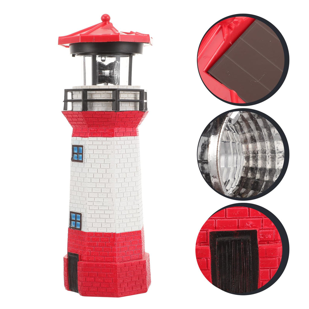 Solar Powered Rotating Lighthouse Figurine Red Resin Metal Landscape Light with LED K583778