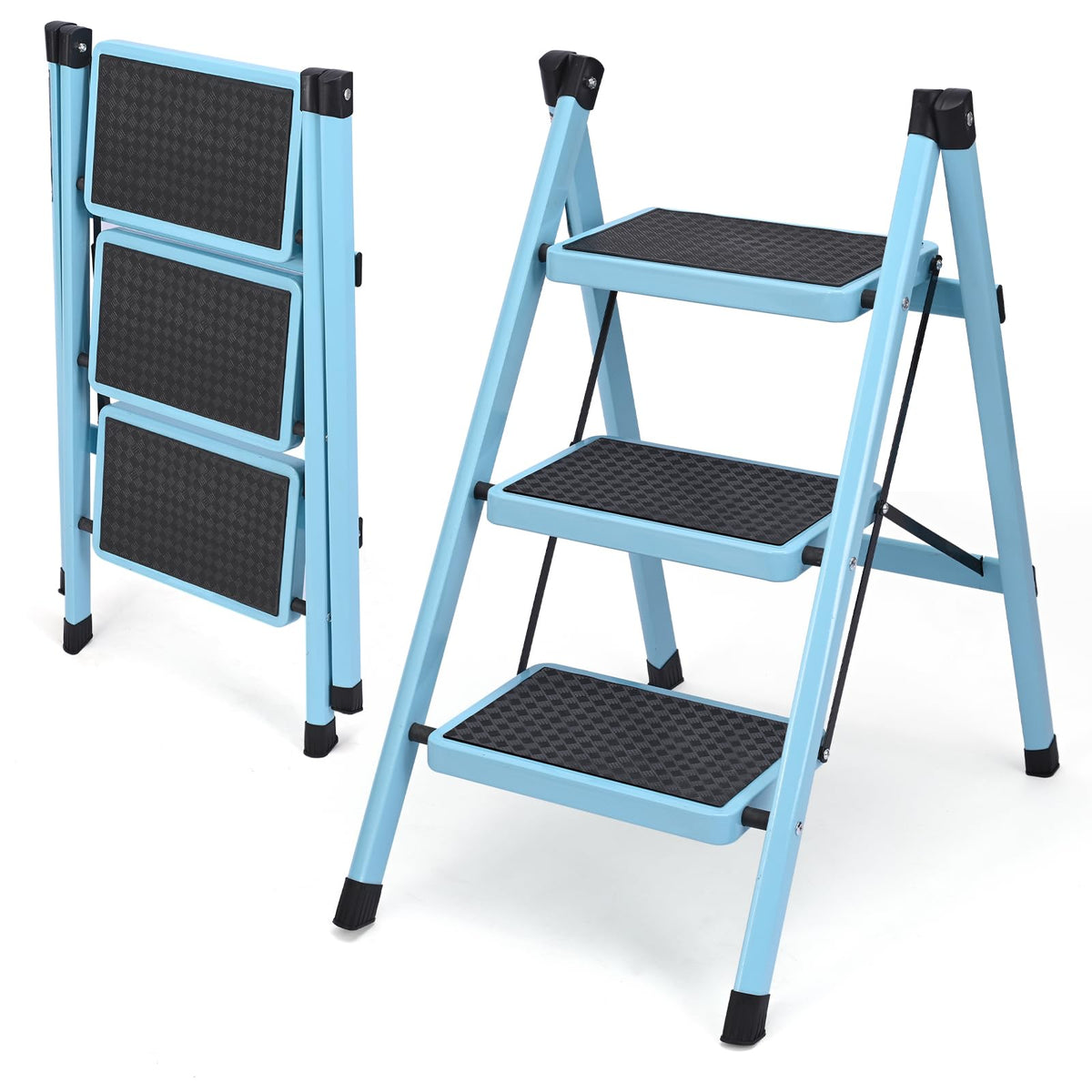 Folding Aluminum 3 Step Ladder 330 LBS Capacity Blue T1019