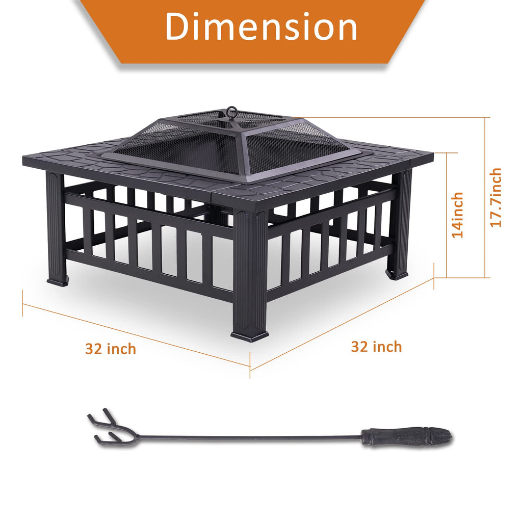 32 Inch Metal Square Outdoor Wood Burning Fire Pit Table R90920