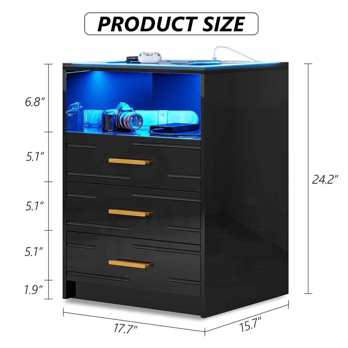 Black High Gloss Nightstand with Wireless Charging Station C615