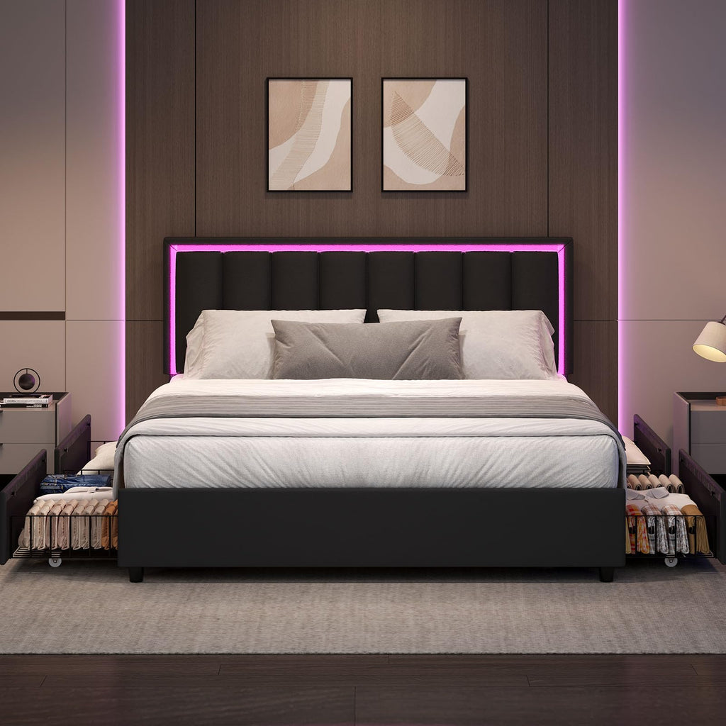Black Full Size Upholstered Bed Frame with 4 Drawers and LED Lights V978