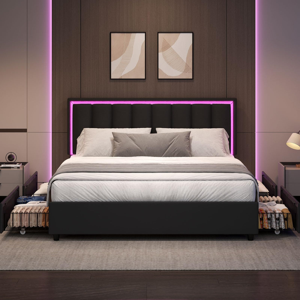 Black Full Size Upholstered Bed Frame with 4 Drawers and LED Lights V978