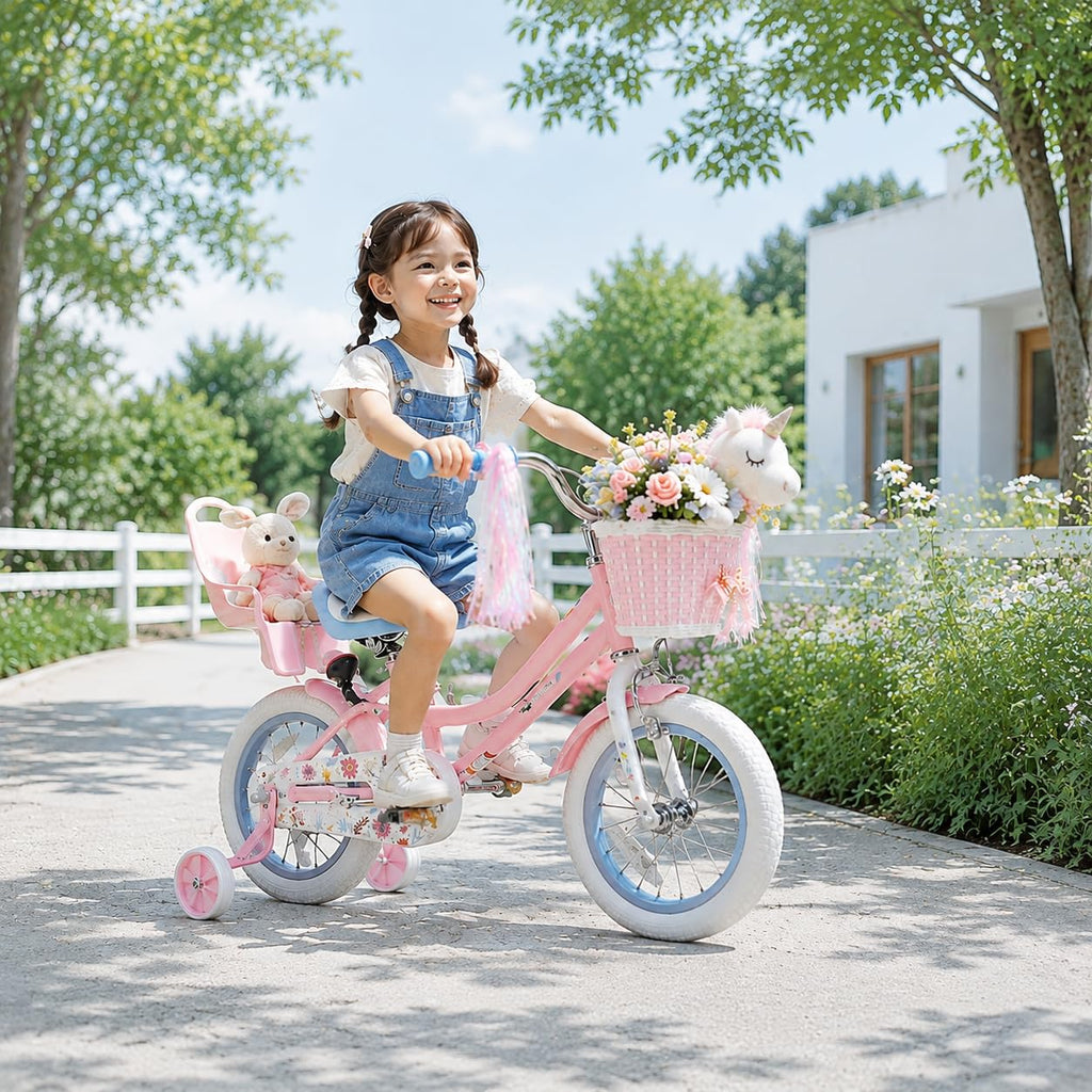 12 14 16 Inch Girls Bike with Training Wheels, Basket & Doll Seat R65741