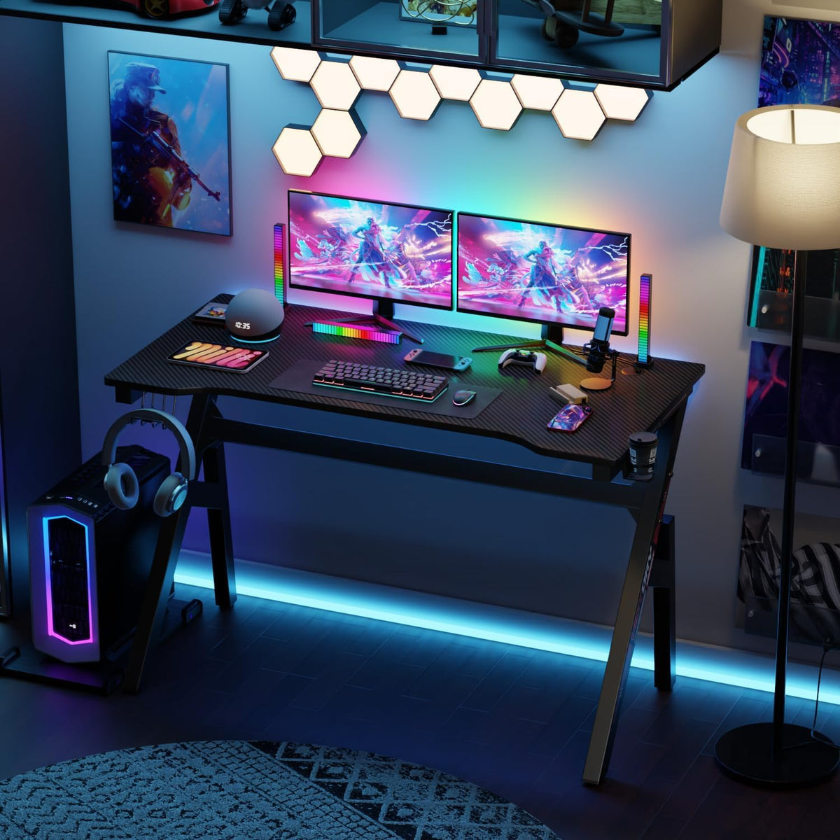 47 Inch Carbon Fiber Gaming Desk with Cup Holder and Headphone Hook D4535