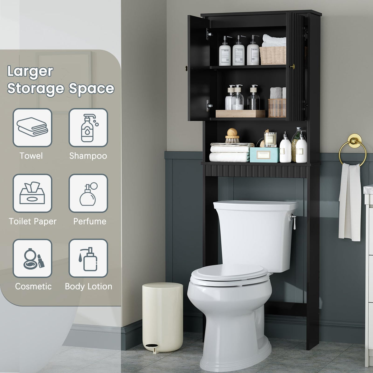 Black Over The Toilet Storage Cabinet with Adjustable Shelf N66462