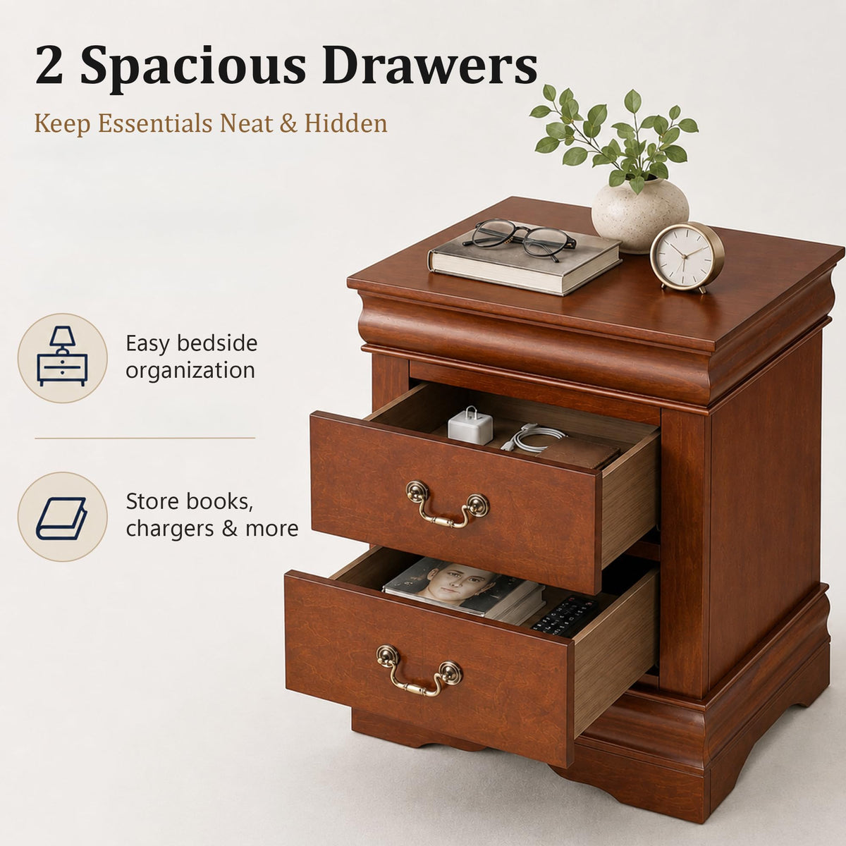 Solid Wood 2 Drawer Nightstand Z641150