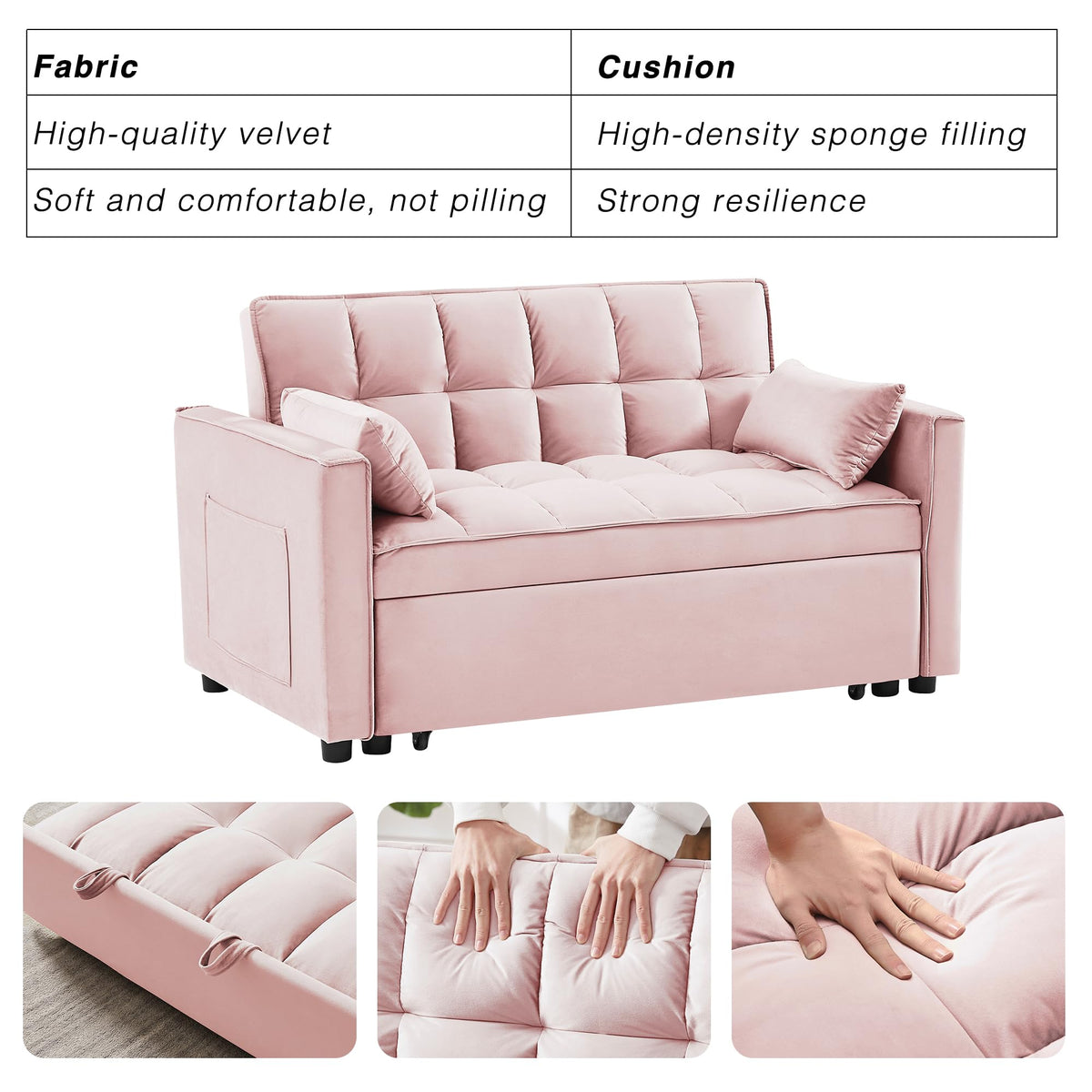 3 in 1 Convertible Sleeper Sofa Bed Velvet Pink S6397