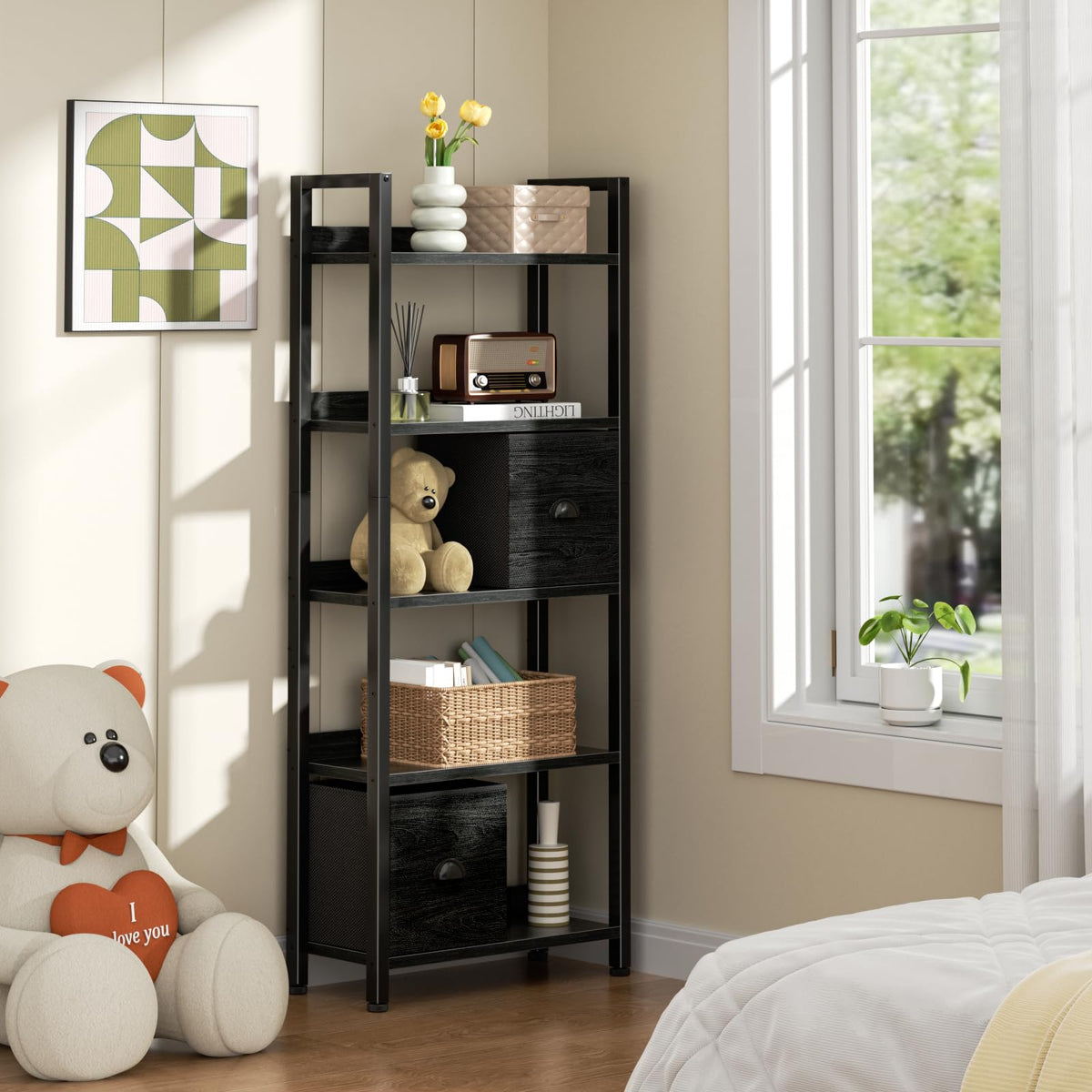 5-Tier Black Oak Bookshelf with 2 Storage Drawers B8306
