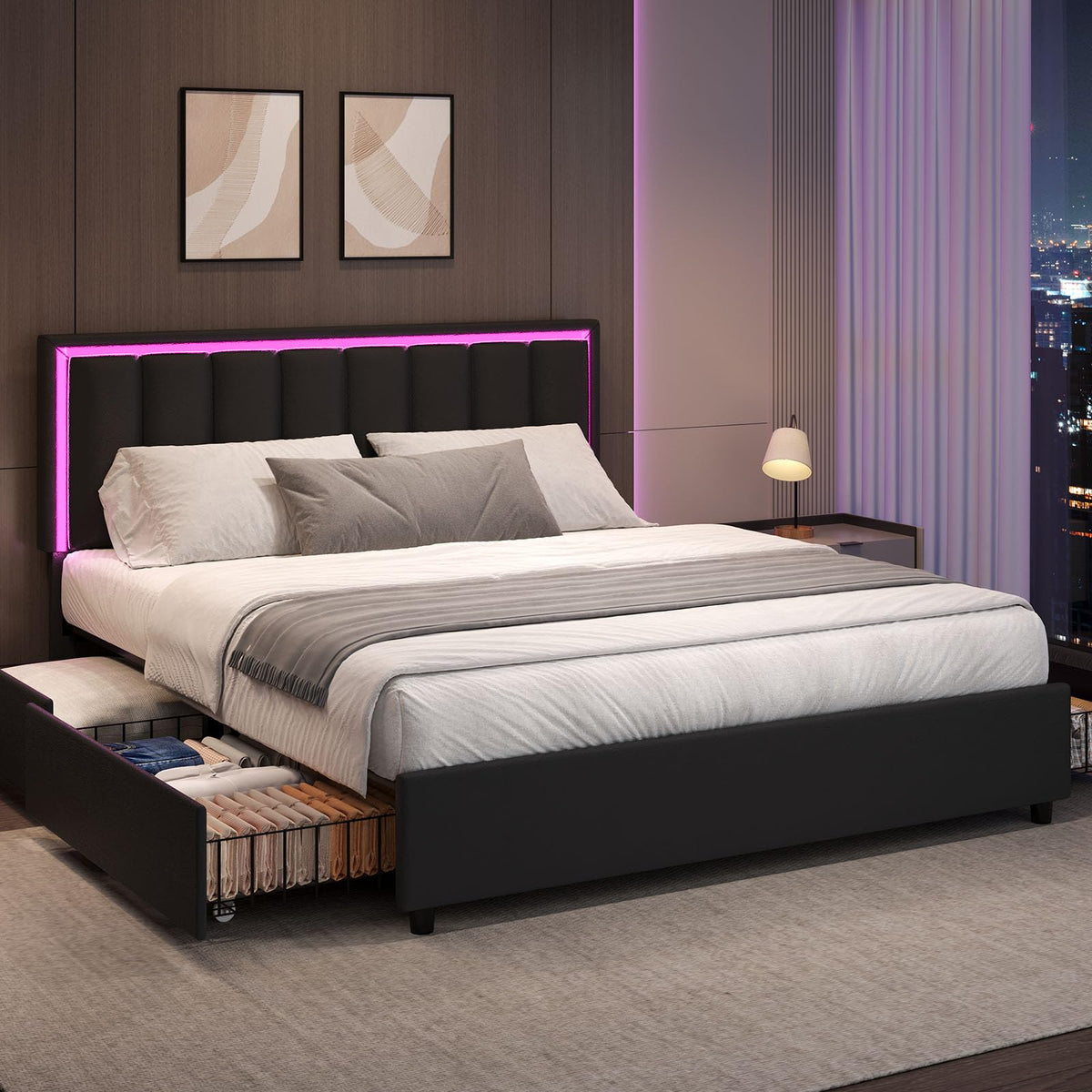 Black Full Size Upholstered Bed Frame with 4 Drawers and LED Lights V978