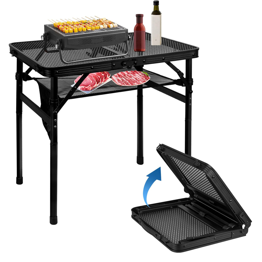 Folding Height Adjustable Aluminum Grill Table with Mesh Desktop and Mesh Bag, Black, 23.6×15.7 inch L458171