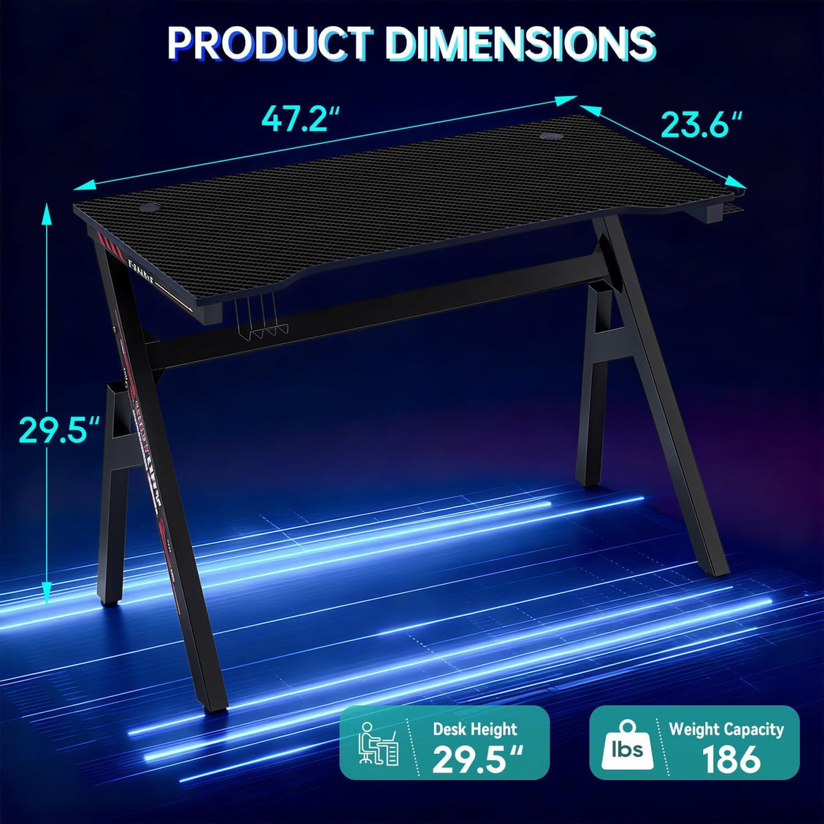 47 Inch Carbon Fiber Gaming Desk with Cup Holder and Headphone Hook D4535