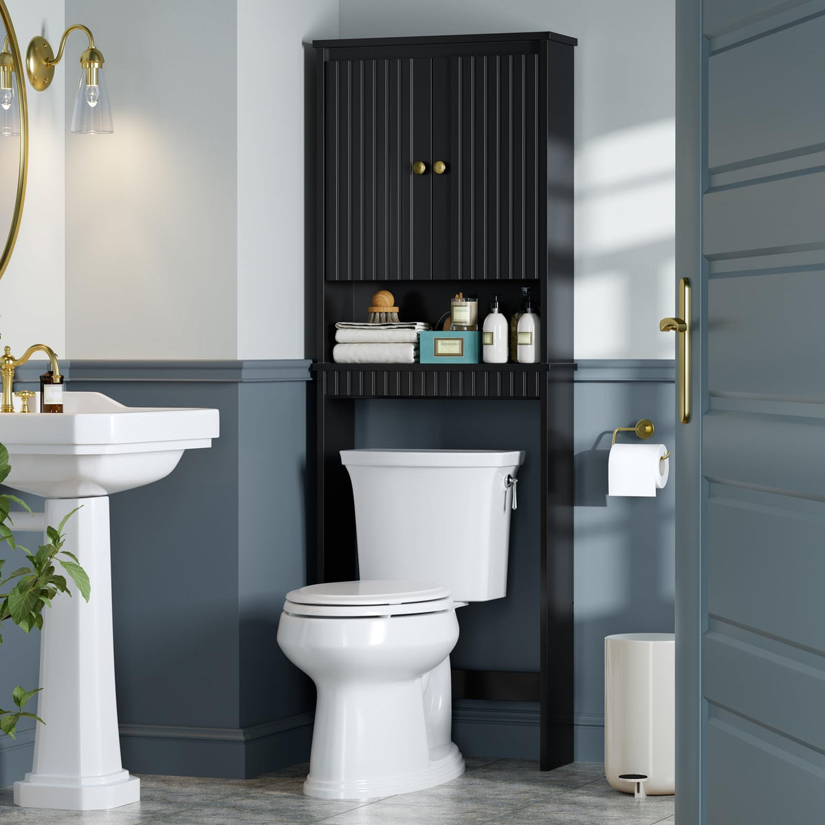 Black Over The Toilet Storage Cabinet with Adjustable Shelf N66462
