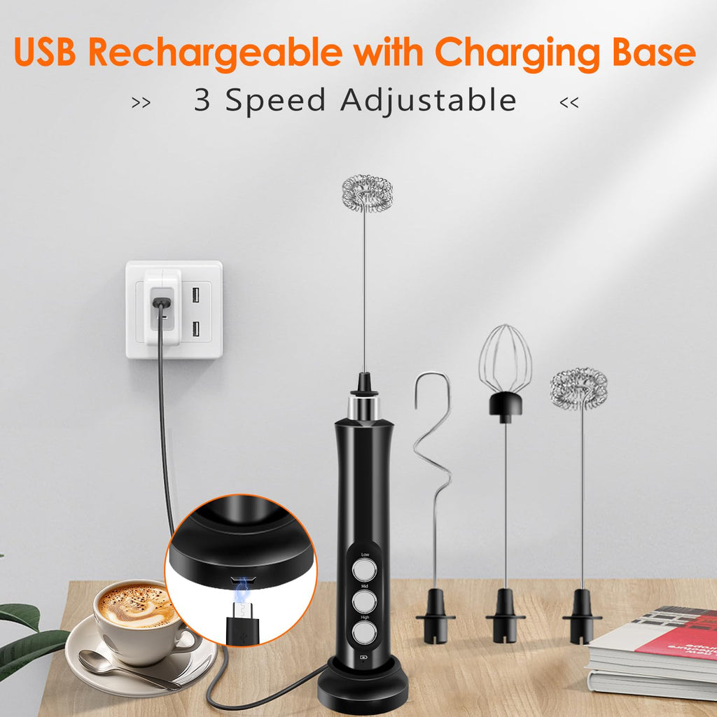 Rechargeable Handheld Milk Frother with 3 Stainless Steel Whisks R56880
